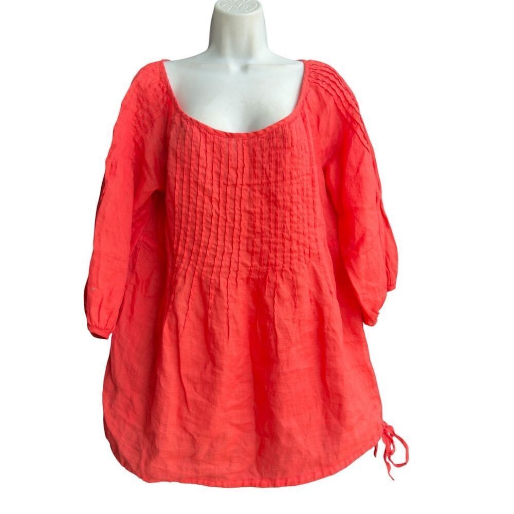 120% Lino Linen Tunic Top Women's 46 Pink 3/4 Sleeve Scoop Neck Blouse